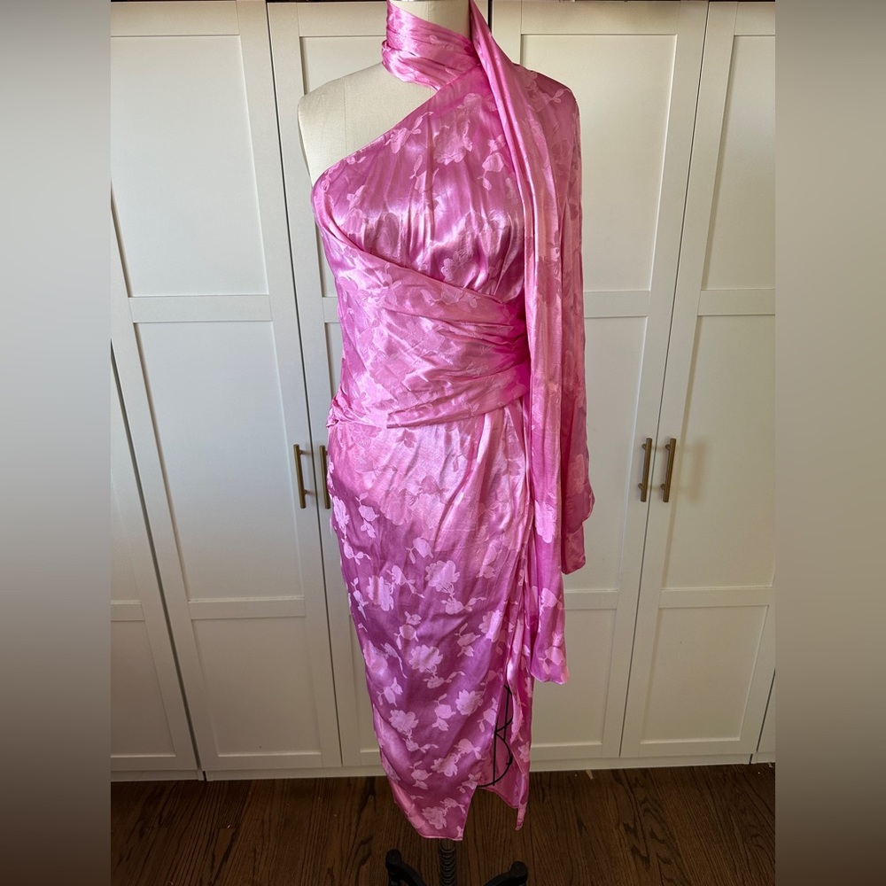 ASOS Hot Pink One-Shoulder Satin Floral Midi Dress